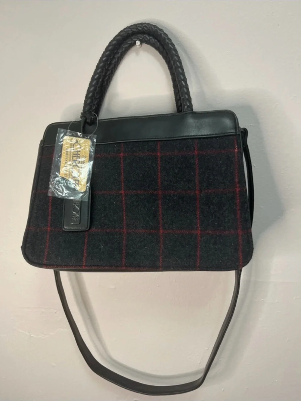 Plaid Wool Top-Handle Tote in Black and Red